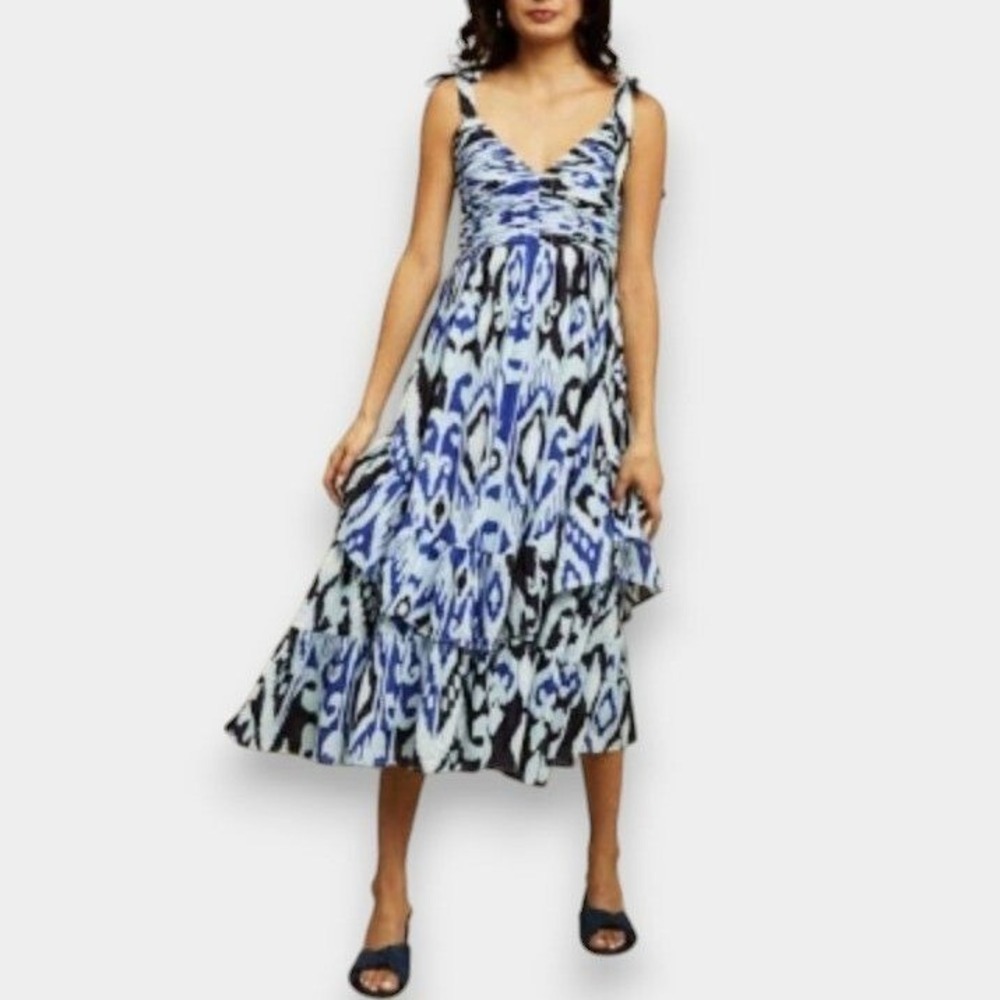 Love the Label Anthropologie Phoenix Midi Dress Ikat Tiered Flowy Boho Small NWT